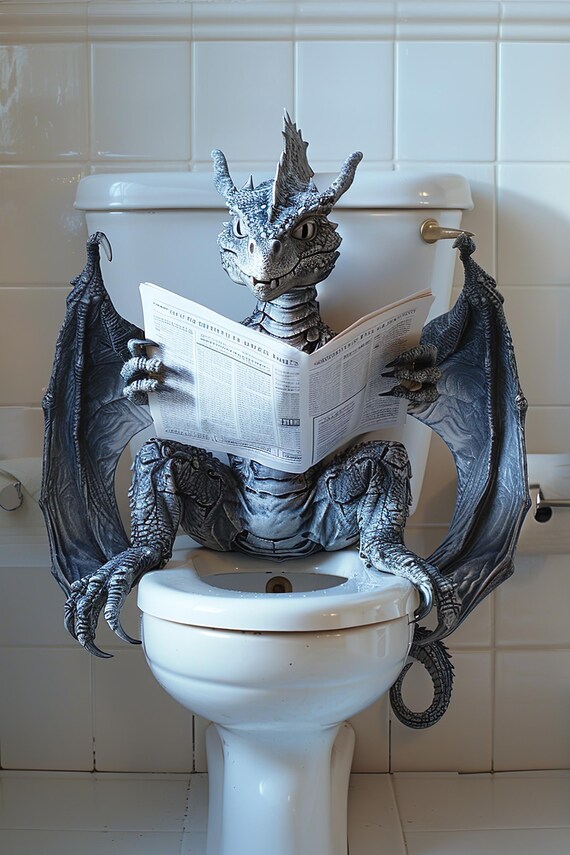 Dragon Sitting On The Toilet Reading A Newspaper Funny Bathroom Wall Art Funny Mythical Creature Print Home Decor Ai Art