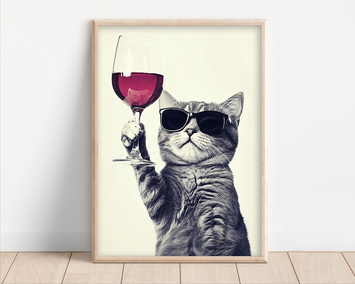 Cat Drinking Red Wine Funny Kitchen Art Print