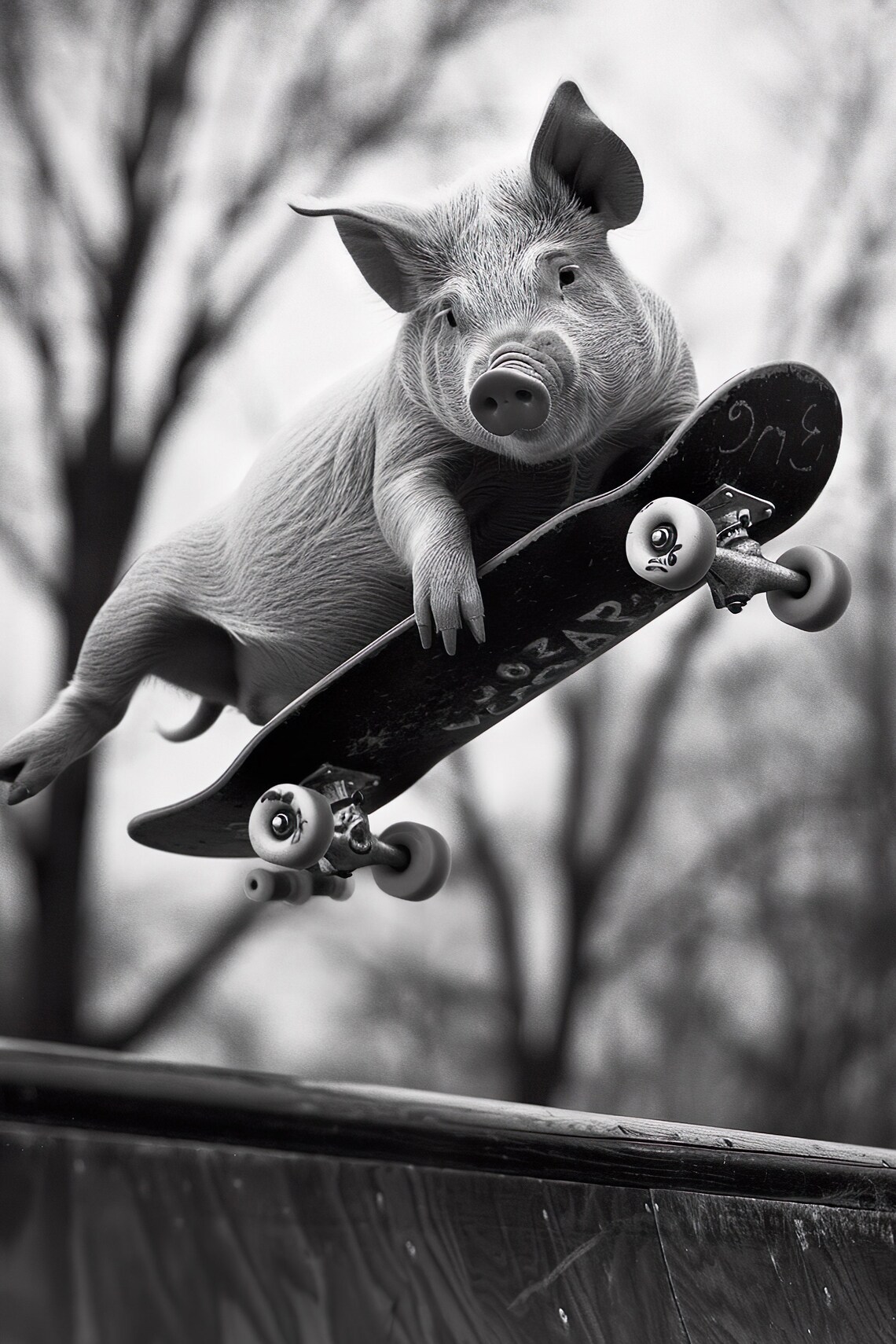 Funny Flying Baby Pig Skateboard Leap Black And White Photo Print