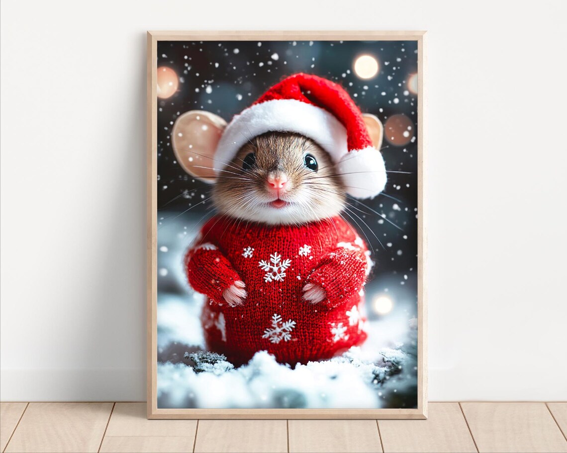 Cute Christmas Mouse Retro Winter Animal Art Print