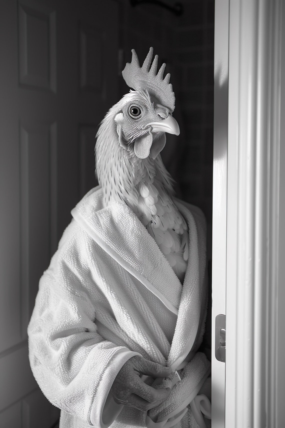 Quirky Chicken in Bathrobe Black and White Funny Bathroom Wall Art