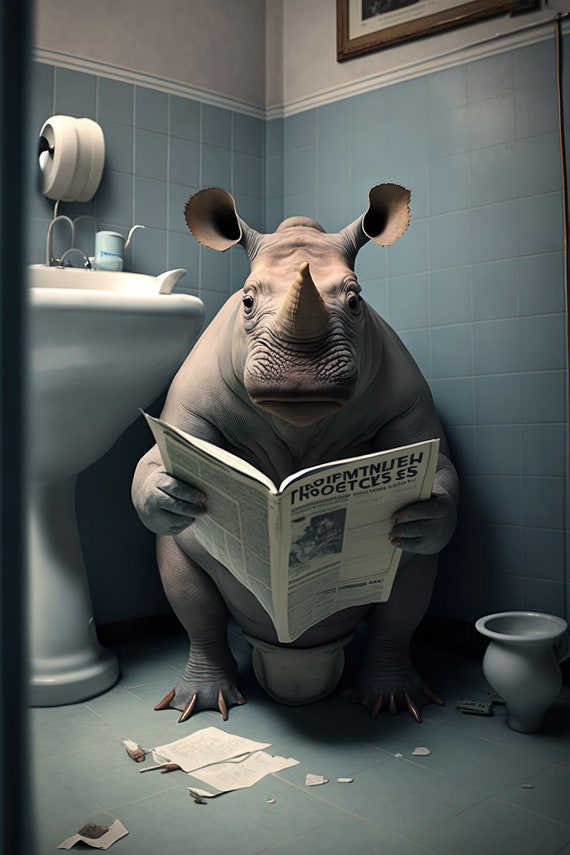 Rhino Sitting On The Toilet Reading A Newspaper Funny Bathroom Humor Wall Decor Funny Animal Print Home Ai Prints