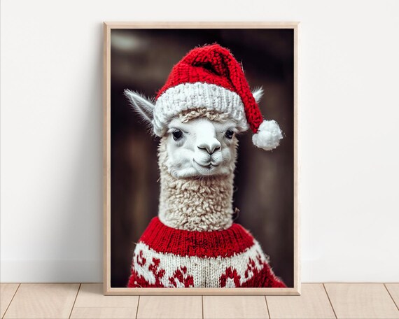Alpaca in Santa Hat and Red Knit Sweater Cute Christmas Winter Animal Poster