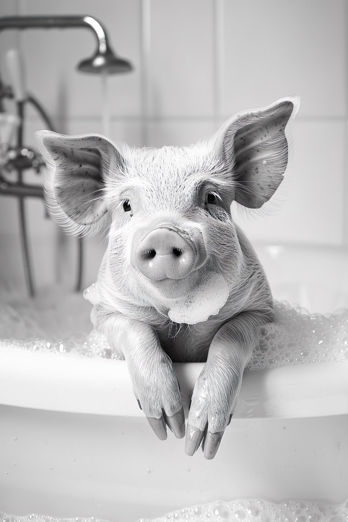 Piglet Bubble Bath Funny Cute Black And White Bathroom Animal Poster