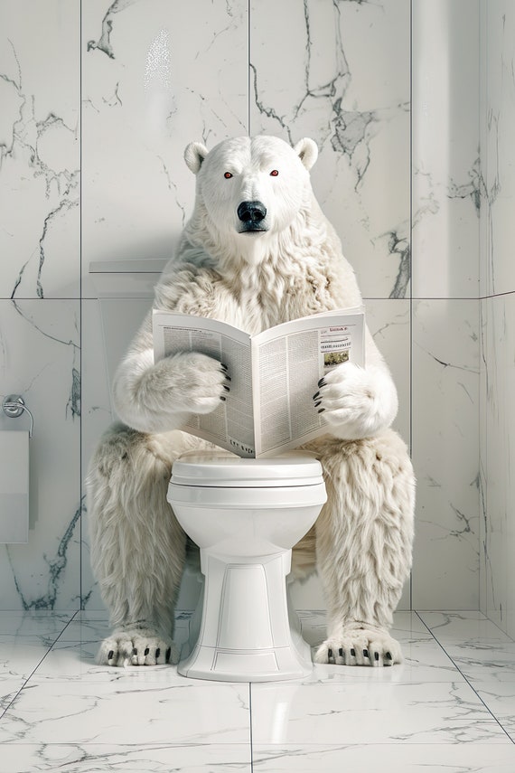 Polar Bear Sitting On The Toilet Reading A Newspaper Funny Bathroom Humor Wall Decor Funny Animal Print Home Ai Art Prints