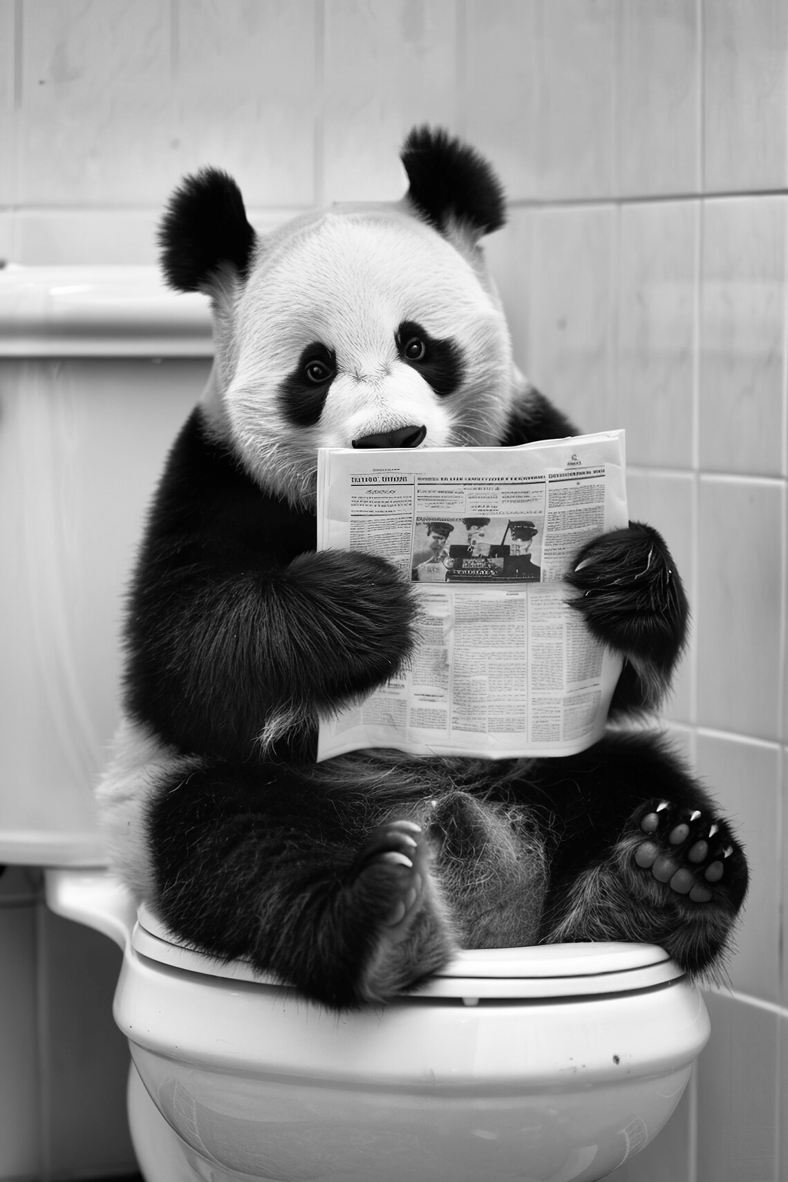 Giant Panda Sitting On Toilet Reading Newspaper Funny Bathroom Poster