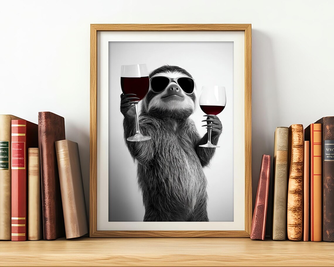 Sloth Drinking Red Wine Funny Kitchen Art Print - Image 3