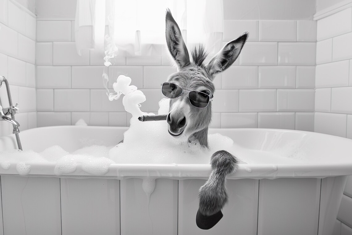 Funny Cool Donkey With Sunglasses And Cigar In Bubble Bath Poster