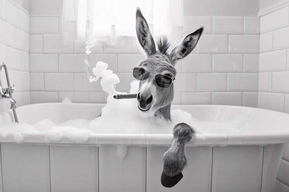 Cool Donkey In Bathtub Smoking A Cigar Funny Bathroom Wall Art Vintage Style Animal Photography Donkey Taking A Bath Ai Art