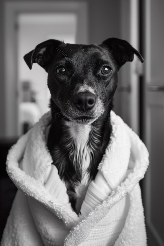 Dog In A Bathrobe Funny Bathroom Wall Art Quirky Animal Art Funny Dog In Bath Humor Print Home Ai Wall Art Prints