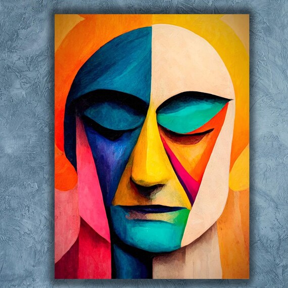 Colorful Cubist Abstract Face Picasso Style Geometric Modern Portrait Art Poster