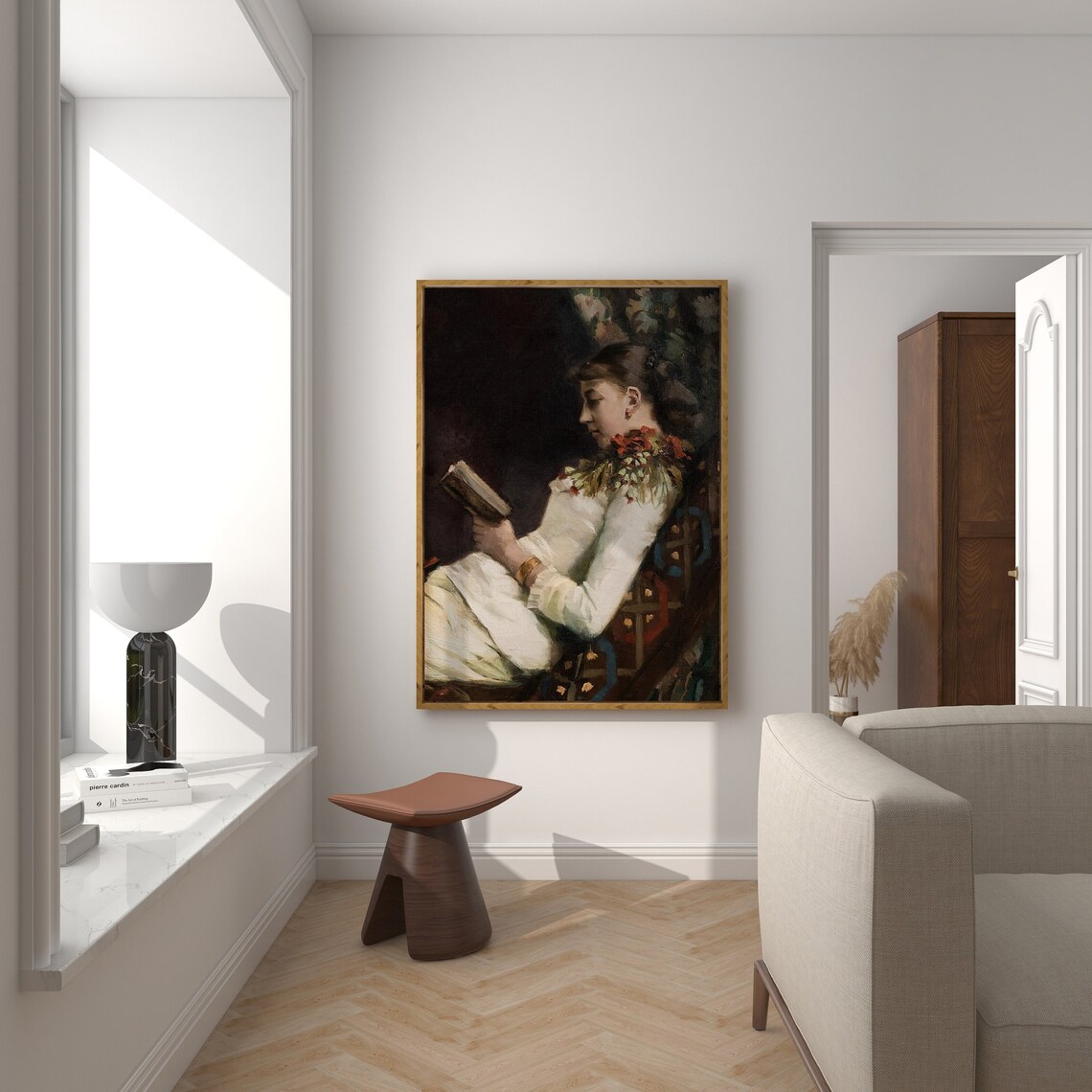 Woman Reading Book White Dress Classical Oil Painting Vintage Art Print