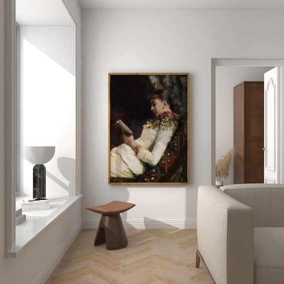 Woman Reading Book White Dress Classical Oil Painting Vintage Art Print