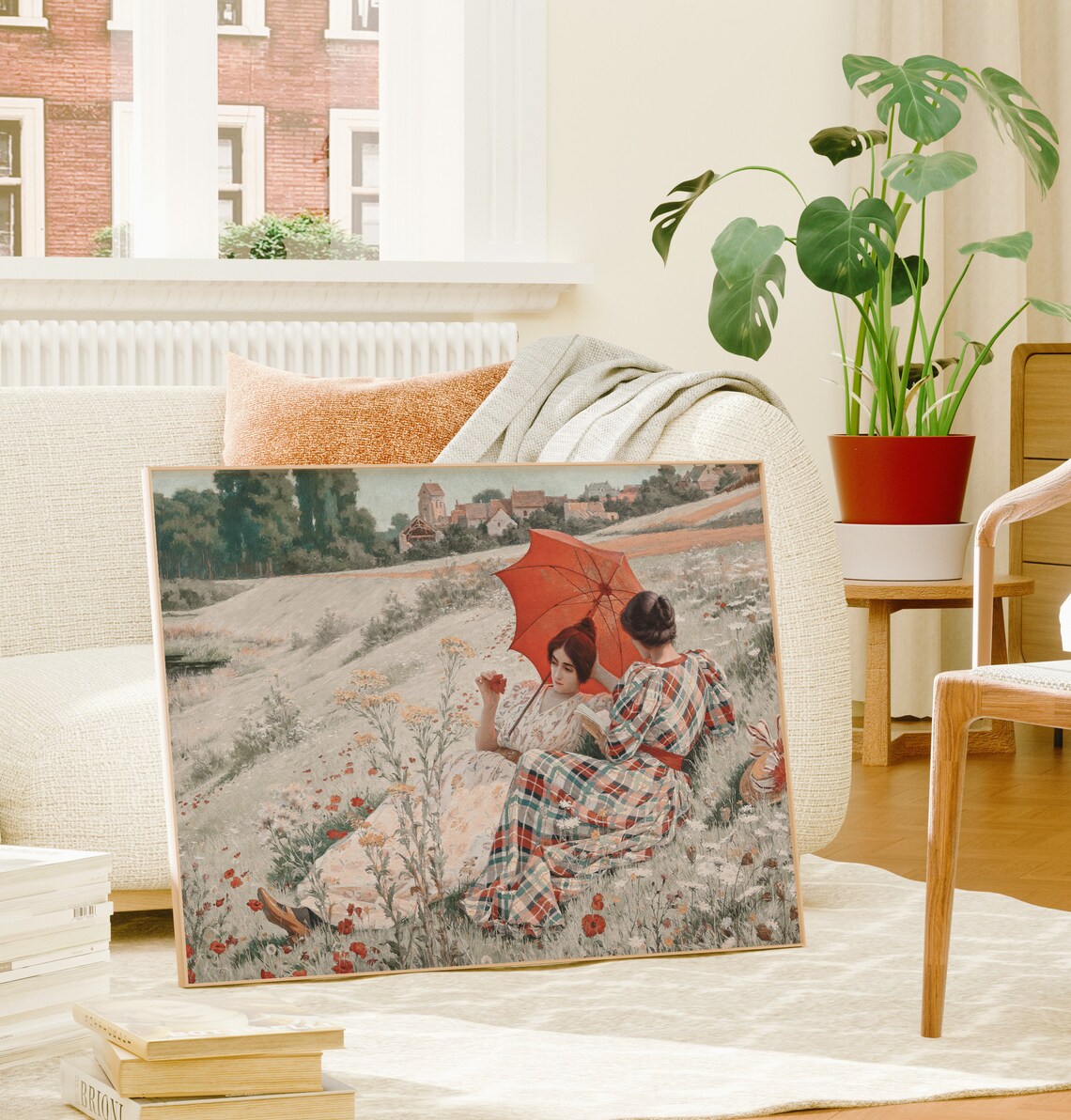 Two Women with Red Parasol in Wildflower Meadow Vintage Painting Poster - Image 3
