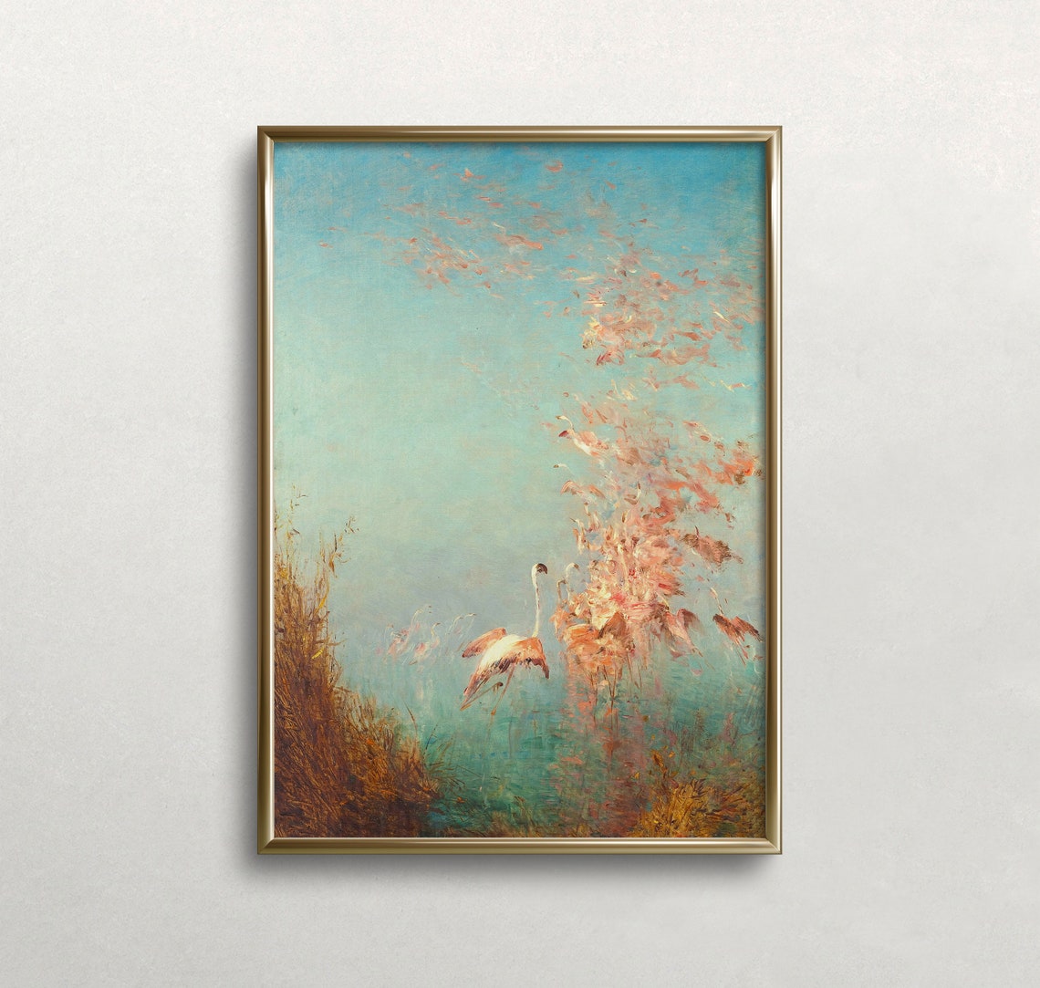 Flamingos Flying Over Water Turquoise Sky Impressionist Wildlife Print