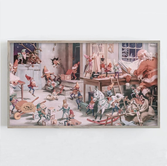 Santa Claus Christmas Workshop, Vintage Art Print