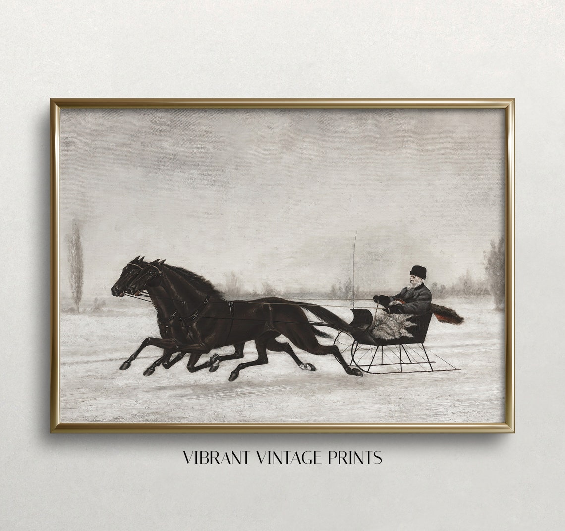 Two Black Horses Pulling Sleigh Across Snow Antique Winter Print