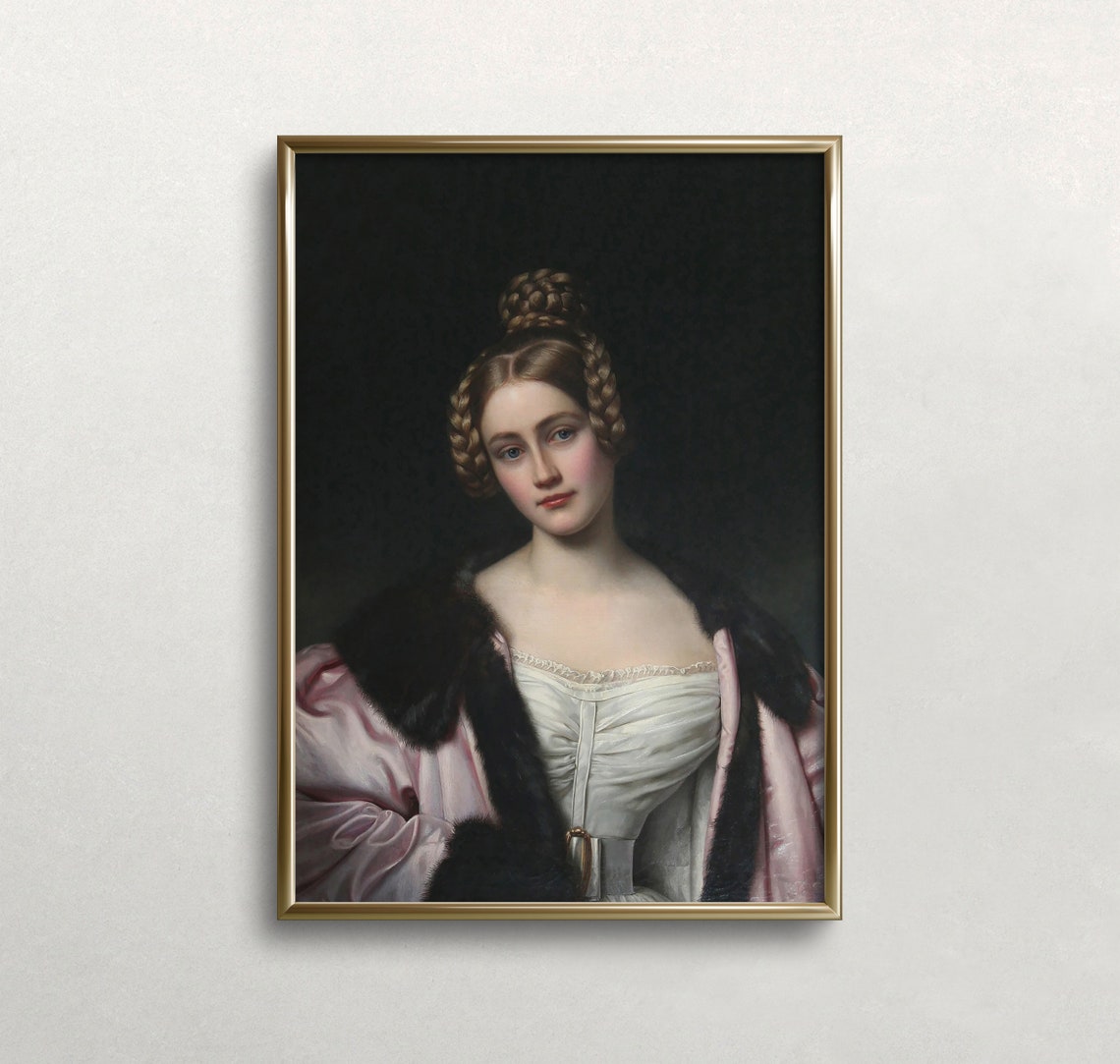 Young Woman in Pink Satin Cloak Oil Portrait Dark Background Poster