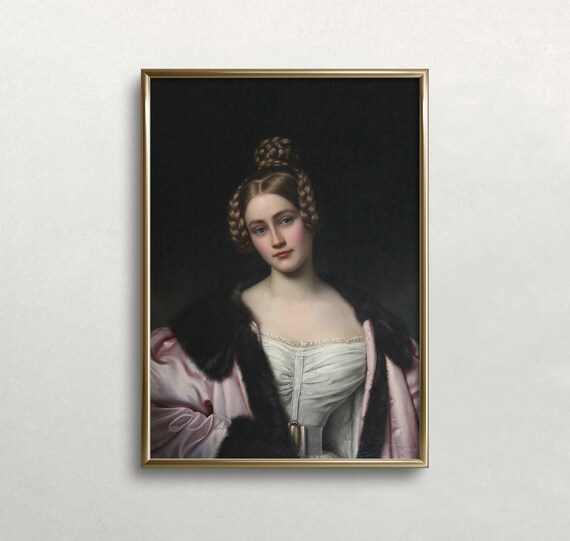 Young Woman in Pink Satin Cloak Oil Portrait Dark Background Poster