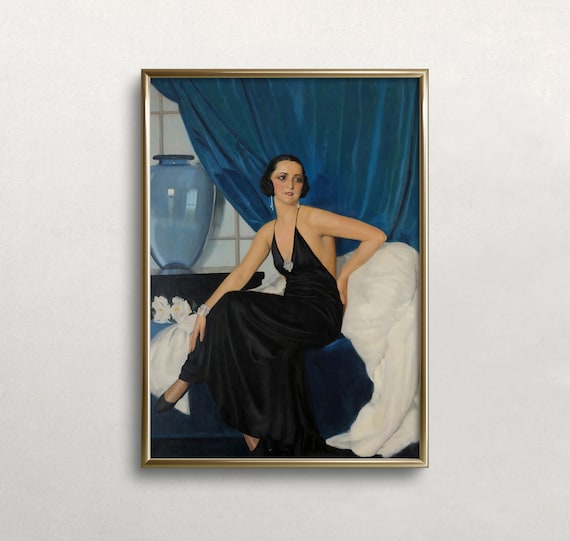 Art Deco Woman in Black Evening Gown Blue Drapery Vintage Portrait Print