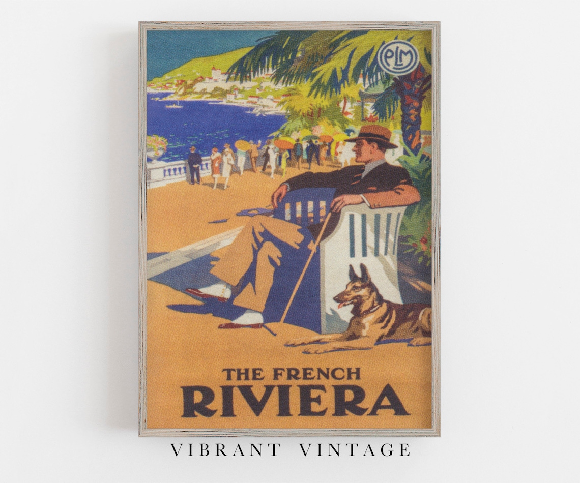 French Riviera PLM Vintage Travel Poster Man With Dog Terrace View