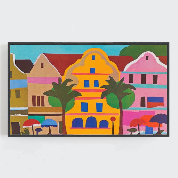 Curacao Colorful Colonial Buildings Palm Trees Retro Style Print