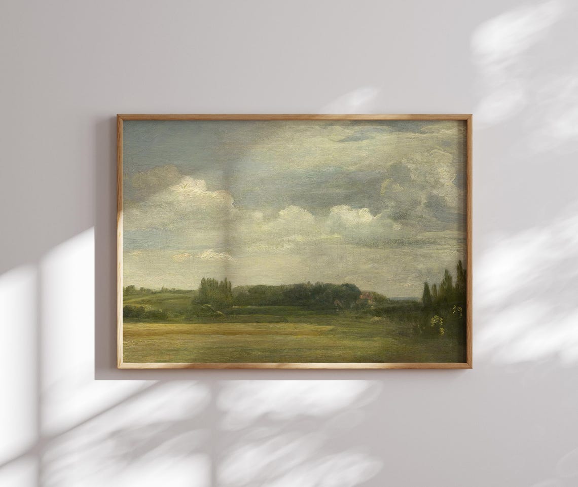Muted Vintage Cloud Landscape Over Green Fields Oil Painting Poster - Image 2