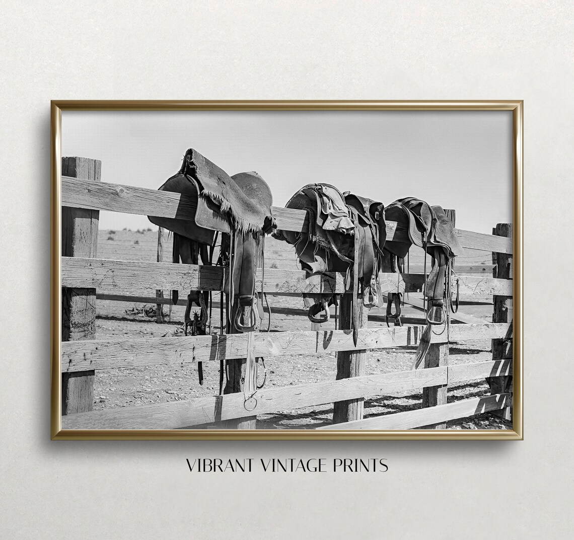 Western Saddles Cowgirl Vintage Black and White Art Print