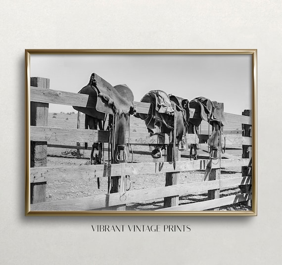 Western Saddles Cowgirl Vintage Black and White Art Print