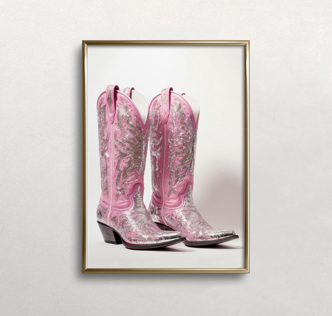 Pink Sparkly Cowboy Boots Silver Embroidery Western Fashion Poster