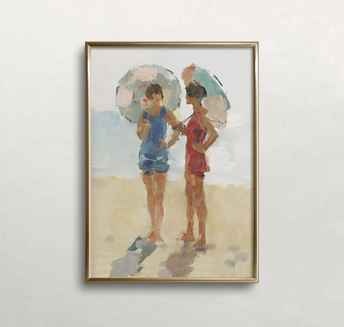 Two Women With Parasols On The Beach Impressionist Vintage Art Poster