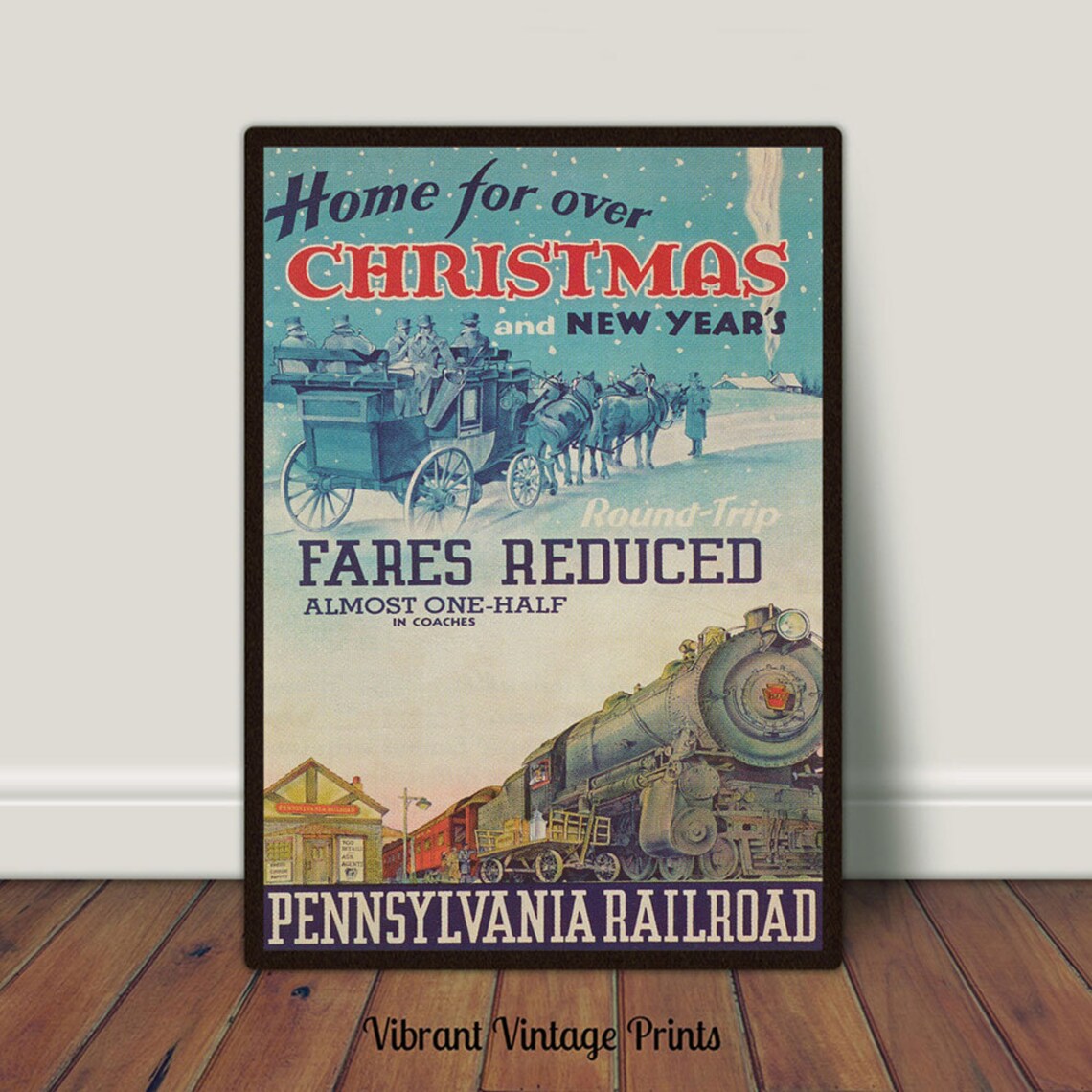 Christmas Train Vintage Holiday Wall Art Print