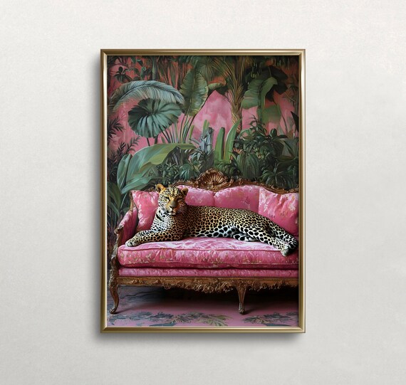 Leopard Lounging on Pink Velvet Couch Tropical Maximalist Photo Poster