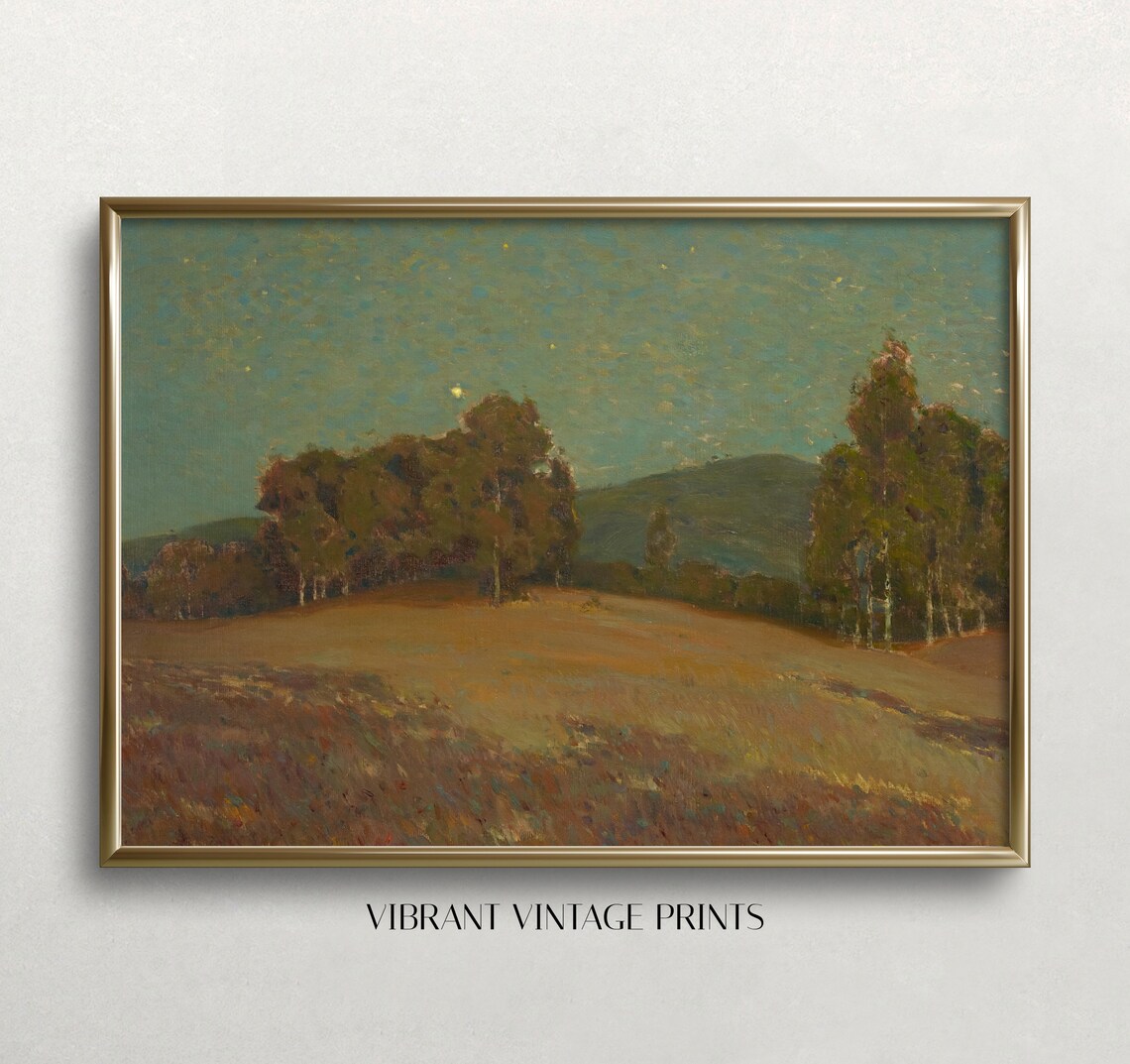 Starry Night Hills Moody Dark Landscape Vintage Oil Painting Poster