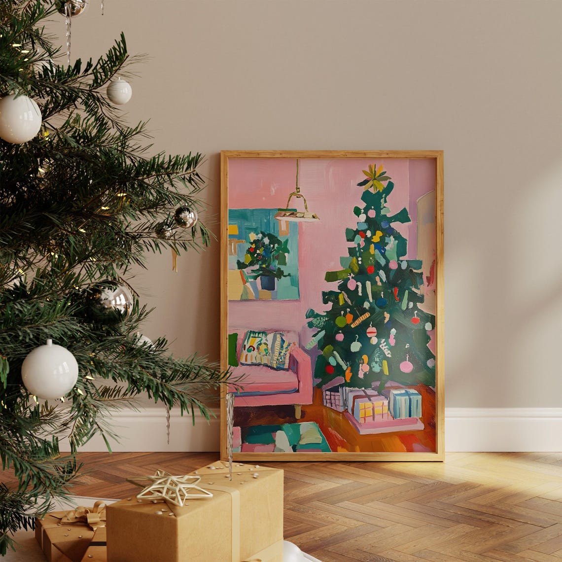 Abstract Pink Christmas Tree Modern Painterly Holiday Poster - Image 3