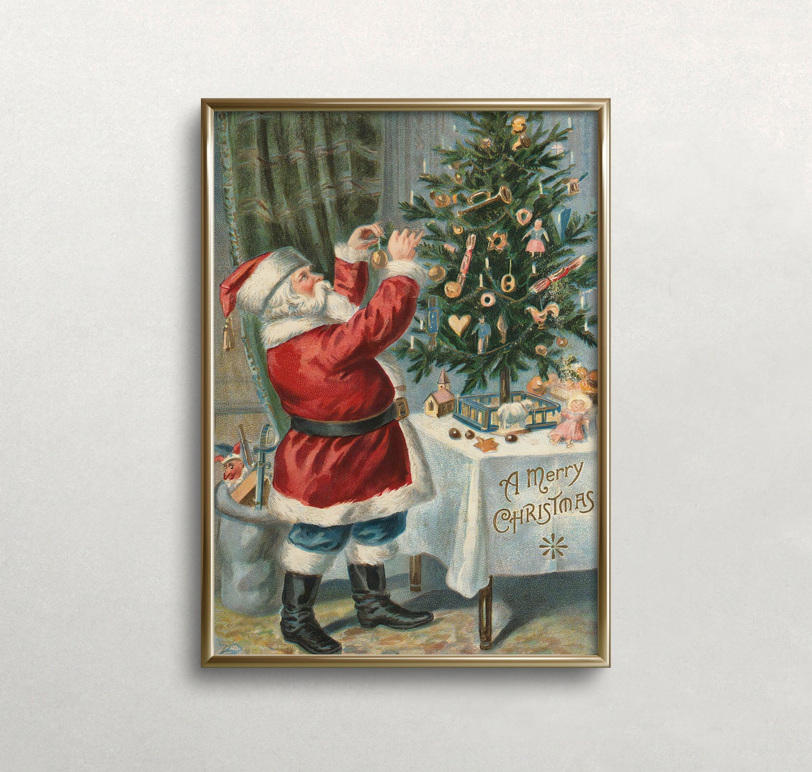 Santa Claus Decorating Christmas Tree A Merry Christmas Vintage Print