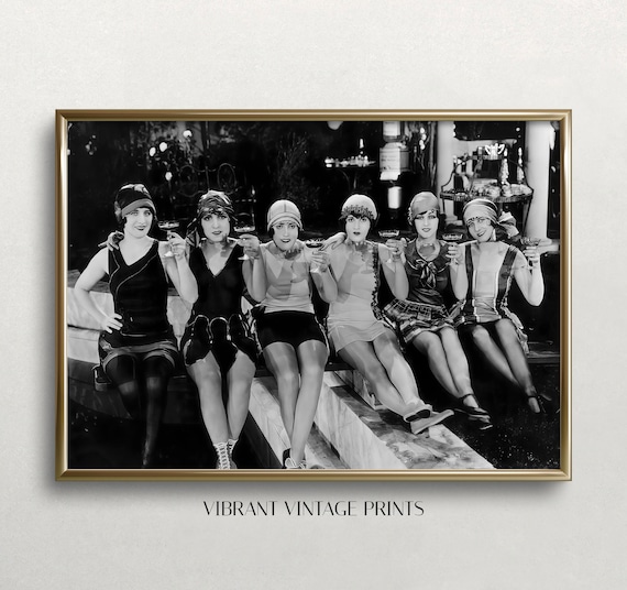 1920s Flapper Girls Drinking Cocktails Vintage Black White Photo Poster