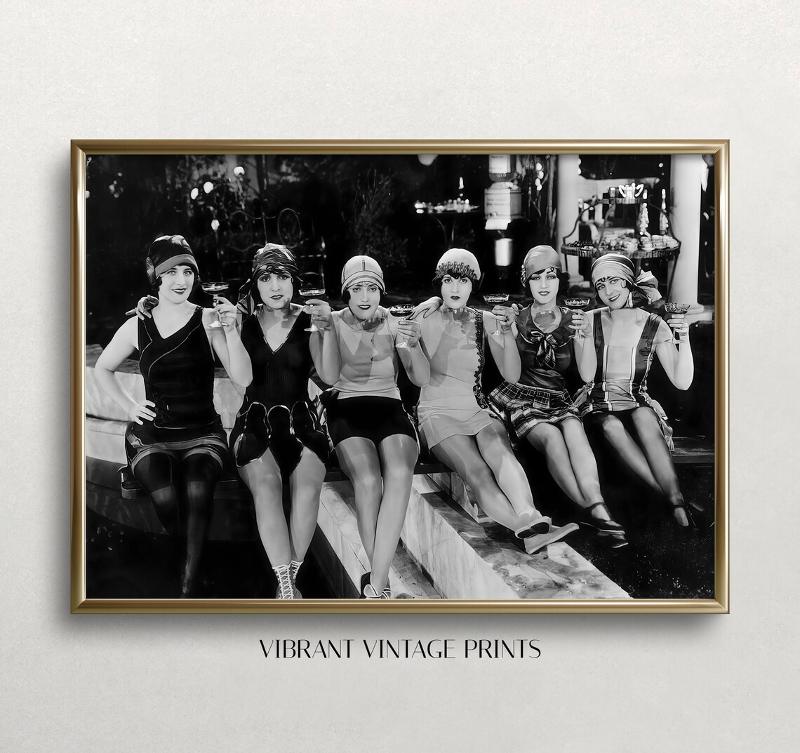 1920s Flapper Girls Drinking Cocktails Vintage Black White Photo Poster