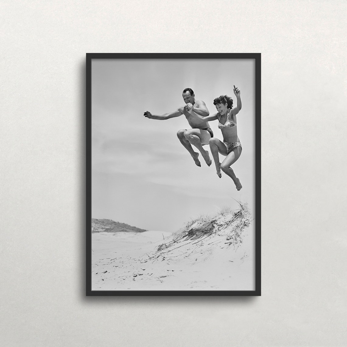 Couple Jumping Off Sand Dune Black and White Vintage Beach Photo Print