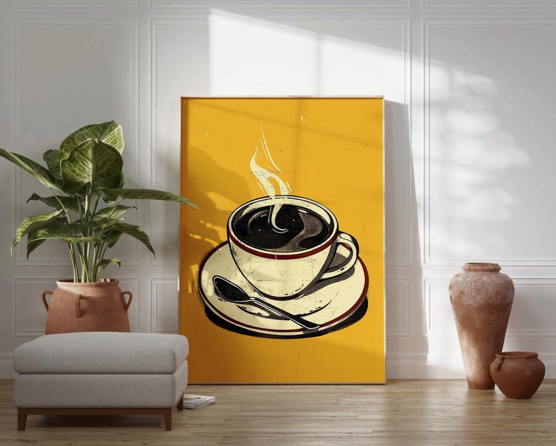 Steaming Coffee Cup Retro Mustard Yellow Kitchen Decor Poster - Image 2