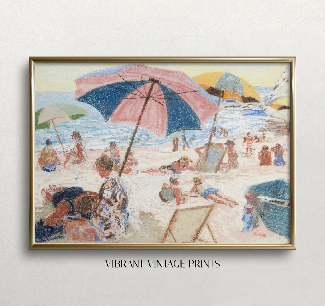 Pastel Beach Umbrellas Bathers Shore Impressionist Summer Scene Print