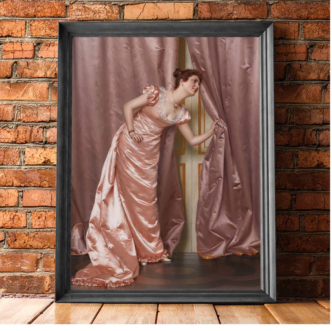 Regency Woman Pink Satin Gown Peeking Through Curtains Wall Art - Image 2