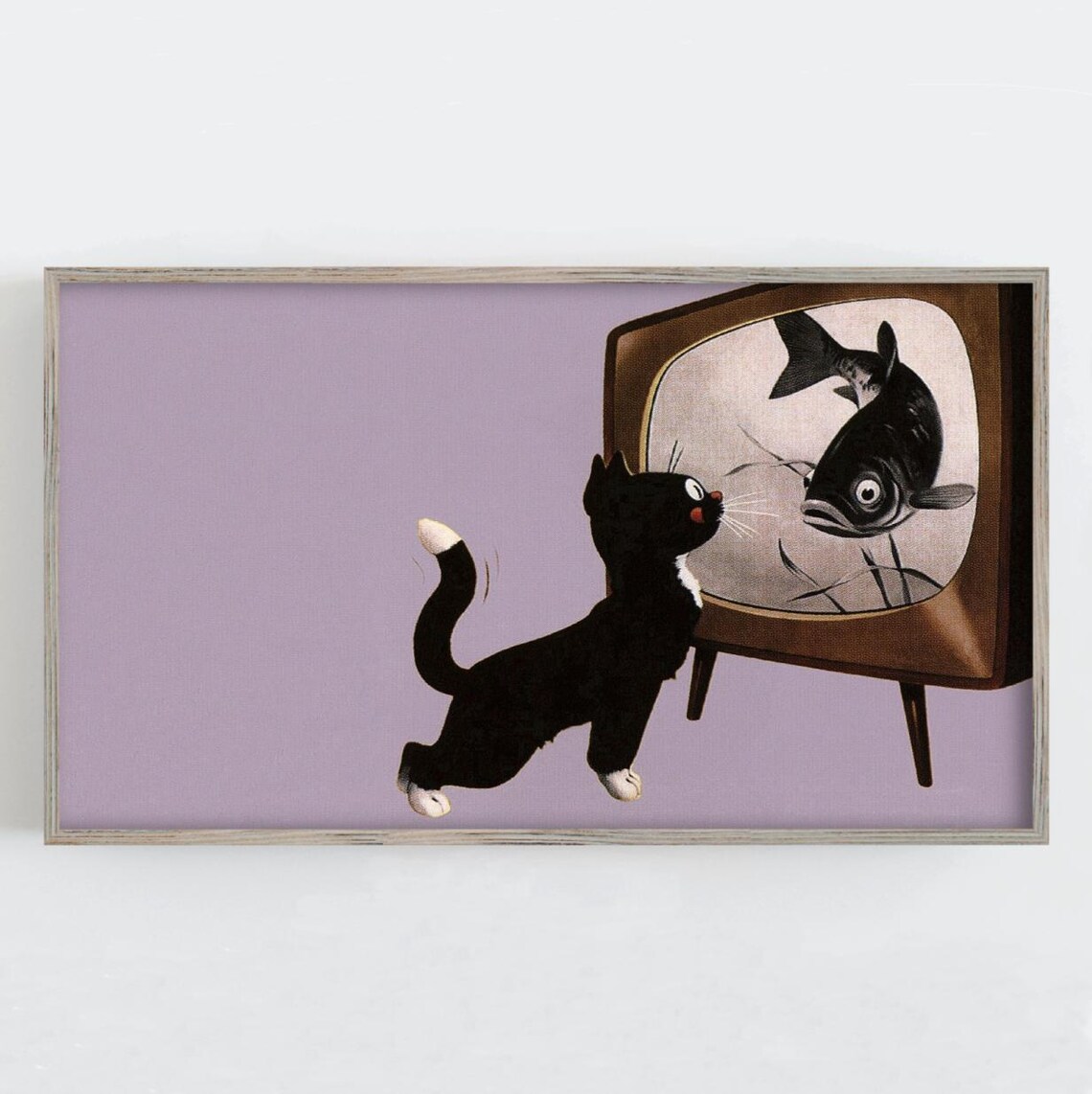 Retro Kitten Watching Fish on Vintage TV Funny Cat Cartoon Wall Art