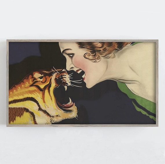 Fearless Woman Facing Roaring Tiger Bold Vintage Art Deco Poster