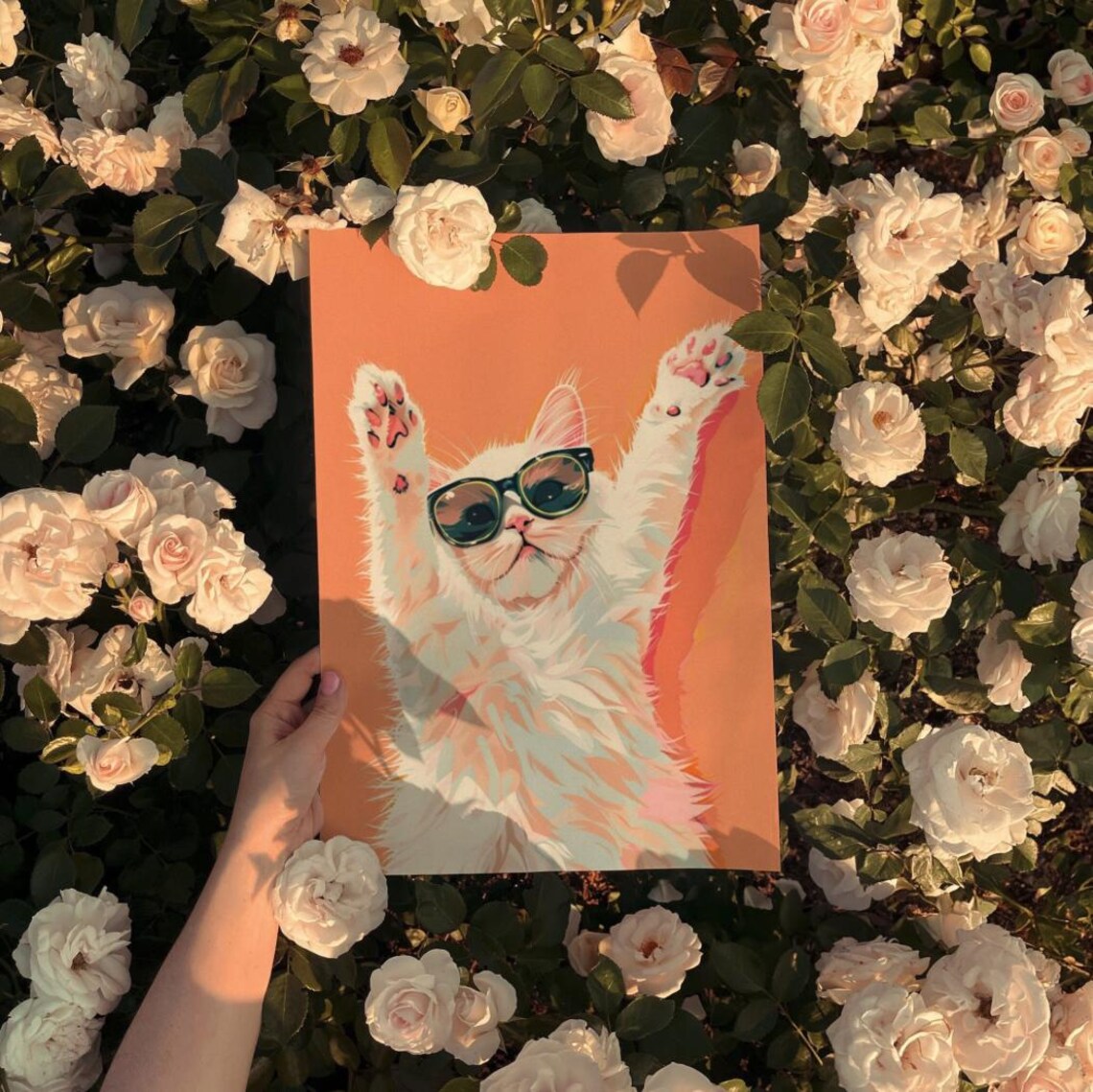 Playful White Cat In Sunglasses Peach Background Cute Pet Animal Poster - Image 3