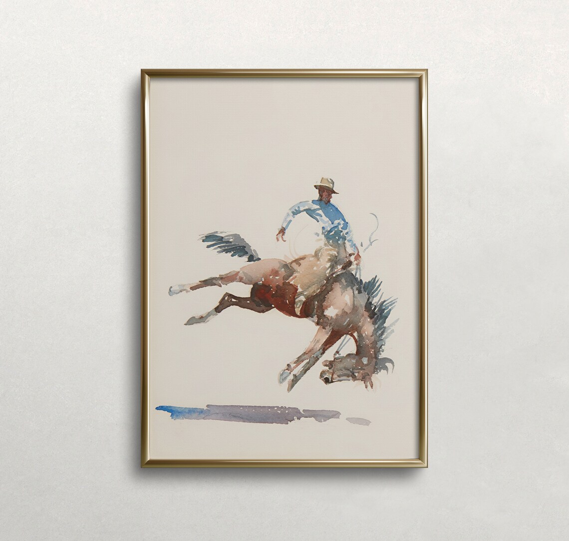 Watercolor Rodeo Cowboy on Bucking Horse Western Equestrian Art Poster