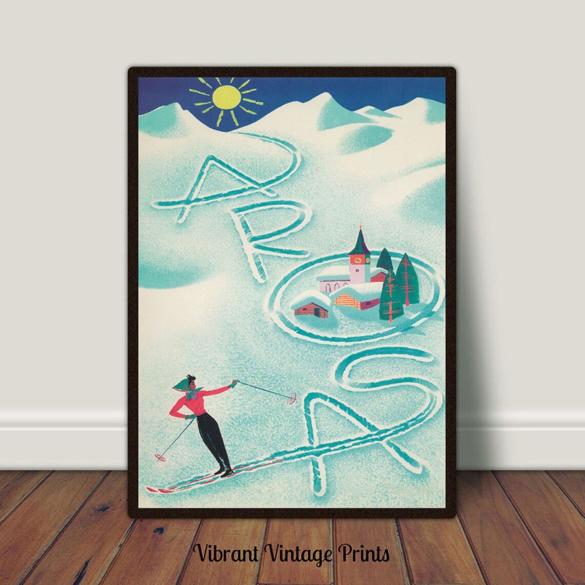 Arosa Switzerland Vintage Ski Village Church Alpine Snow Scene Poster