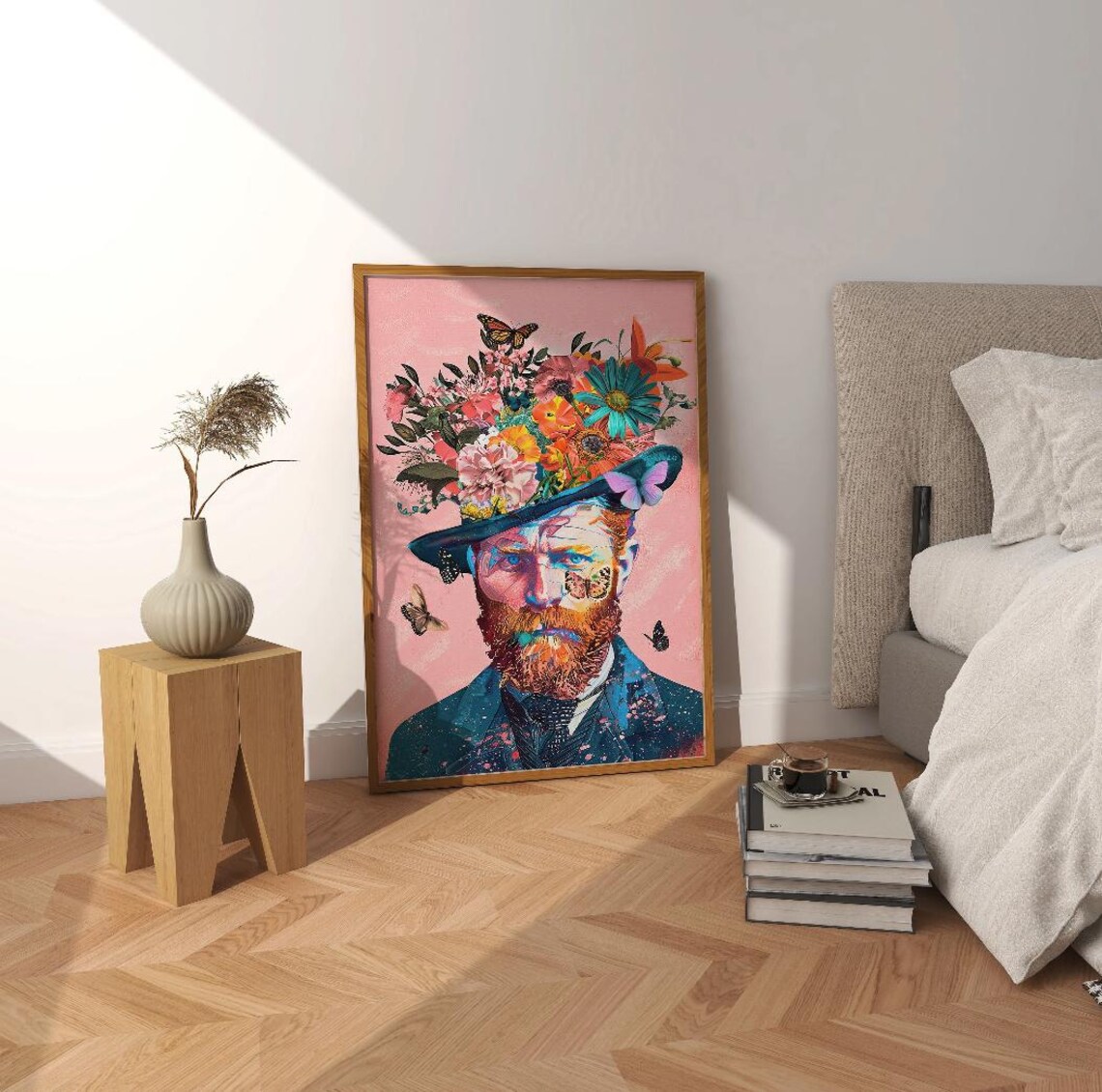 Van Gogh Style Flower Hat Portrait Colorful Butterfly Collage Poster - Image 2
