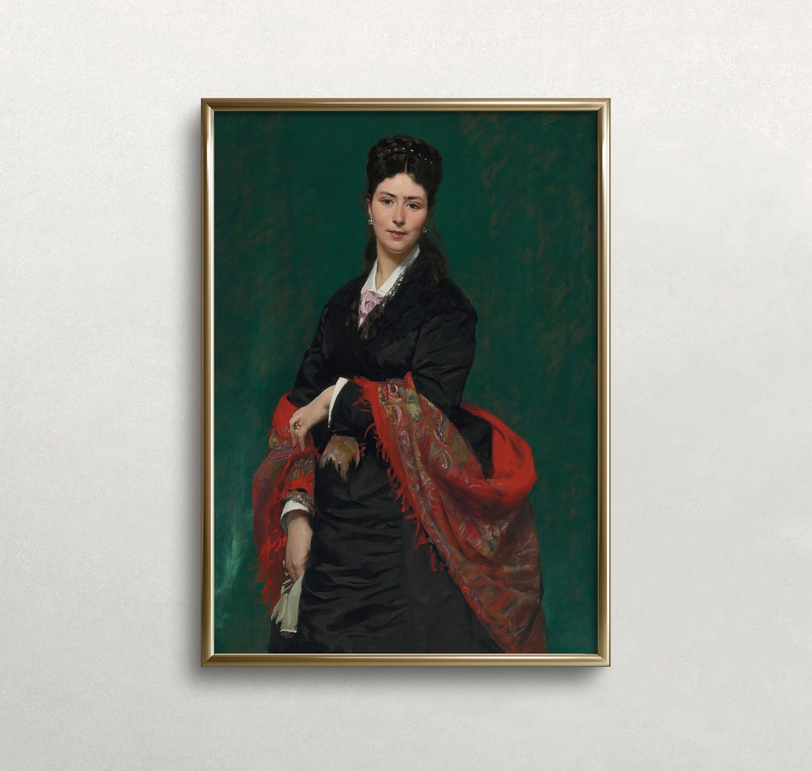 Victorian Lady Black Dress Red Shawl Classical Portrait Poster