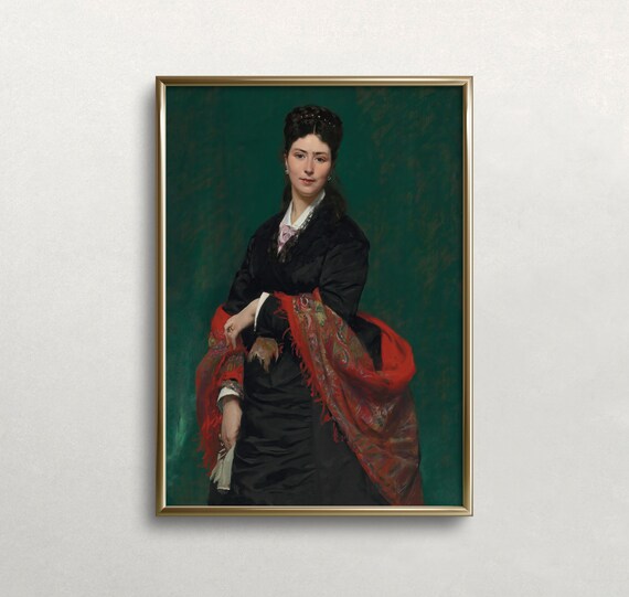 Victorian Lady Black Dress Red Shawl Classical Portrait Poster